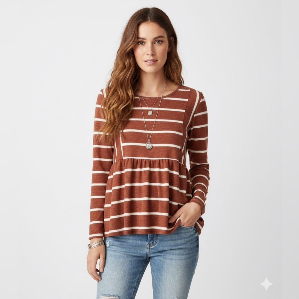 Entro Rust Terracotta Striped Babydoll Peplum Top Boho Long Sleeve Blouse Medium